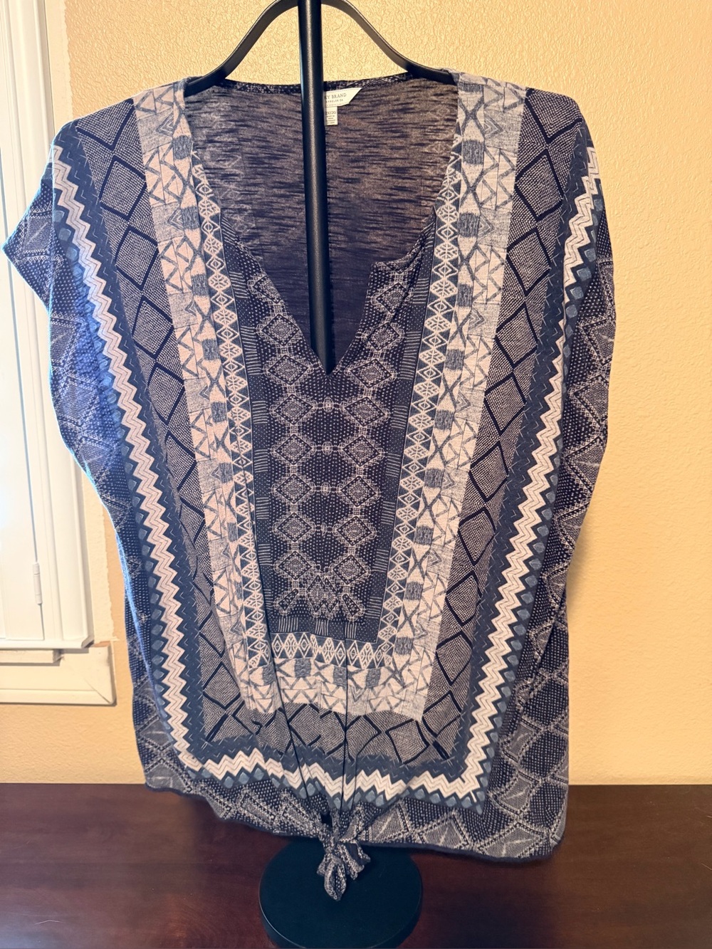 Lucky Brand Navy and White Boho V-Neck Tie-Hem Tunic